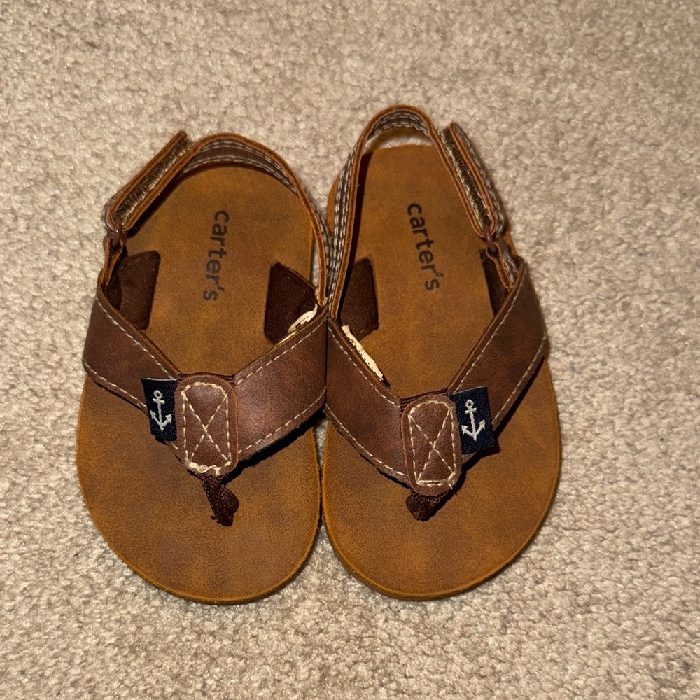 Carter's Brown Flip Flops with Navy Anchor Detail